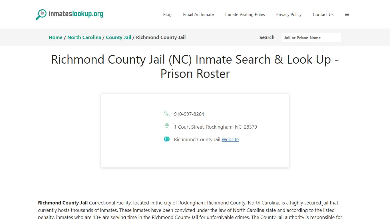 Richmond County Jail (NC) Inmate Search & Look Up - Prison Roster